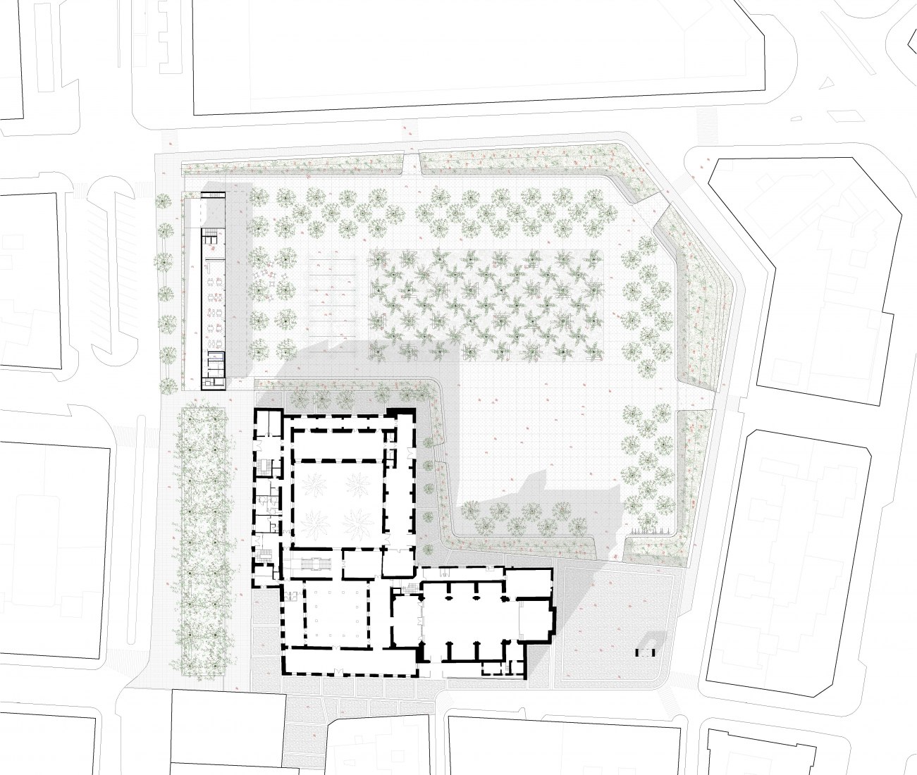 Plano de planta de la plaza. Yacimiento Arqueológico del Arrabal Andalusí de la Arrixaca y del Jardín de San Esteban por Burgos & Garrido + Ayllón‐Paradela‐De Andrés