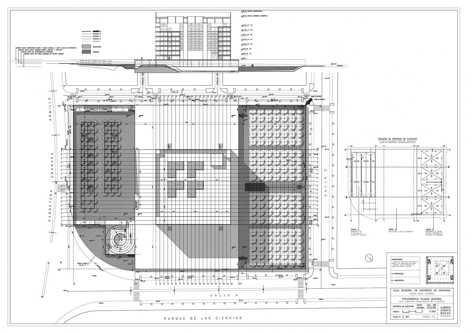 Global plan of the plot set. General Headquarters of Caja General de Ahorros Granada by Alberto Campo Baeza