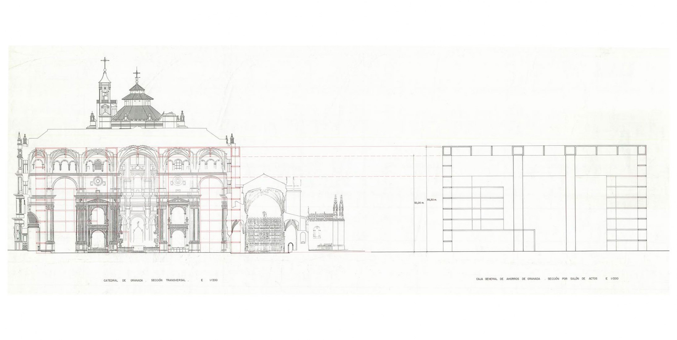 Granada cathedral and Caja General comparative section. General Headquarters of Caja General de Ahorros Granada by Alberto Campo Baeza
