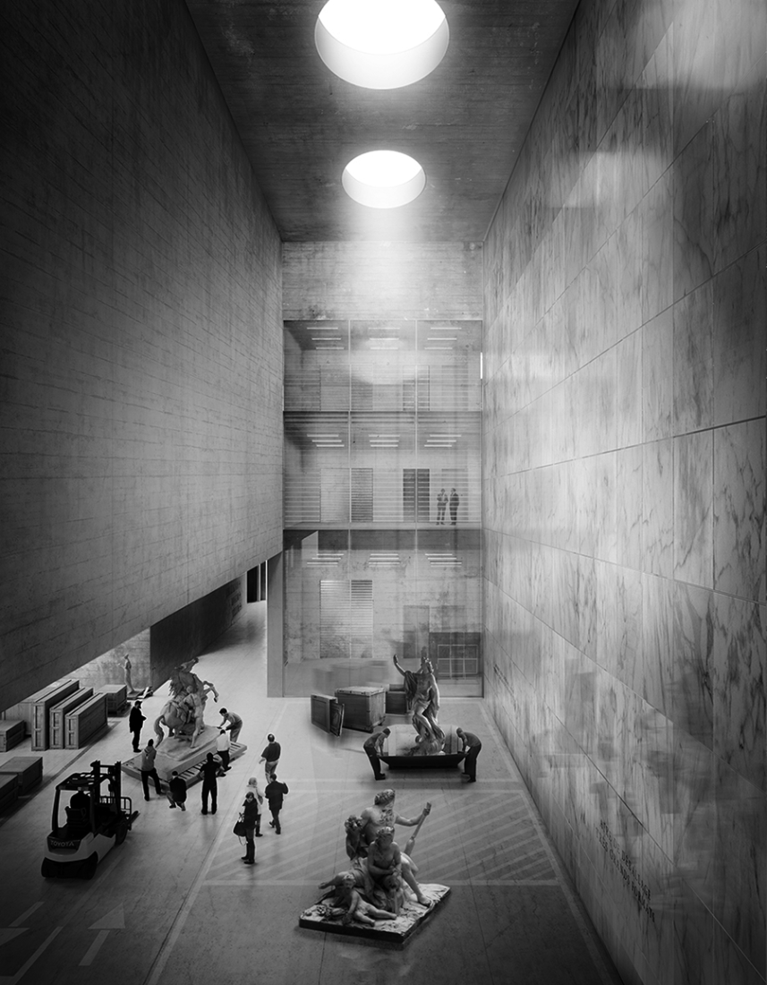 Interior image of the competition for the Reserves of the Louvre Museum in Liènvin by Campo Baeza y Gabrion. Courtesy of Estudio Campo Baeza.