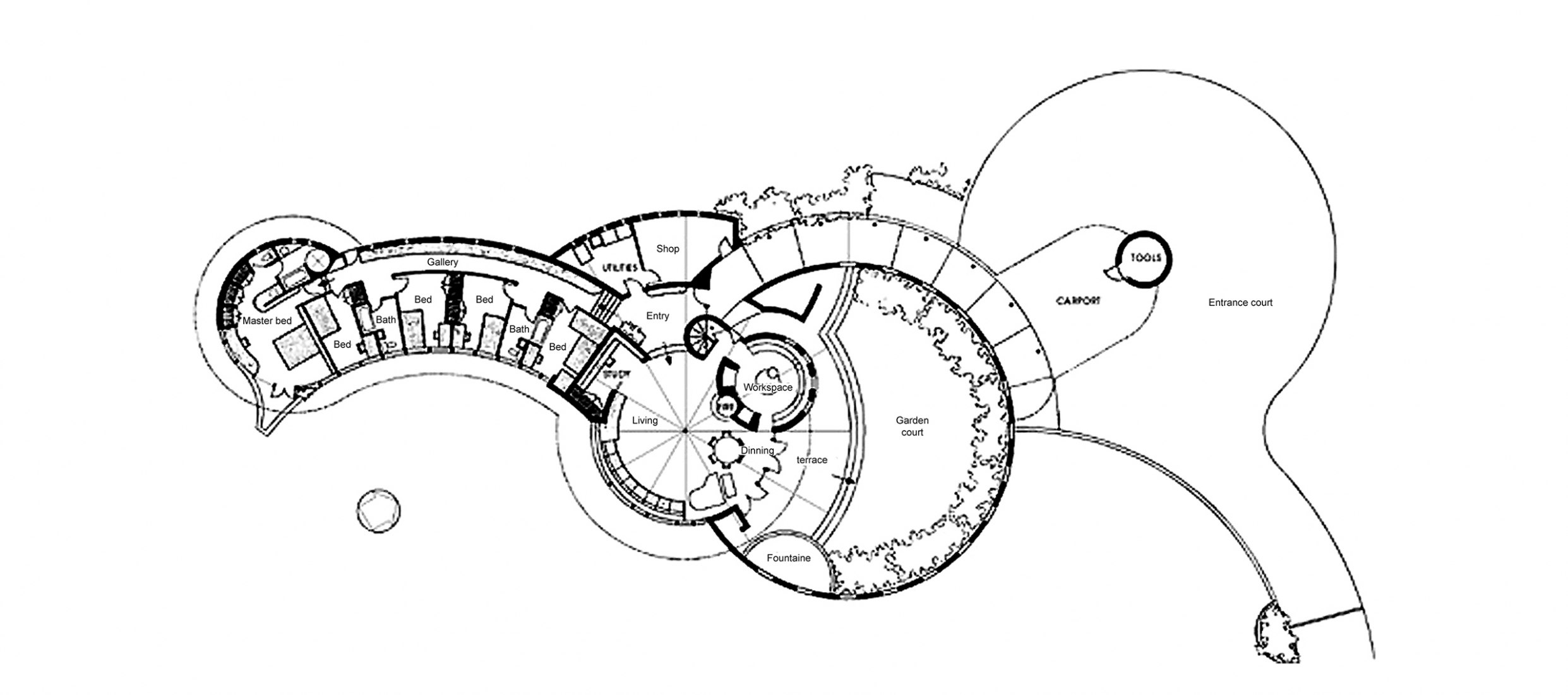 Ground floor plan. Interior view. 'Norman Lyker Home' by Frank Lloyd Wright.