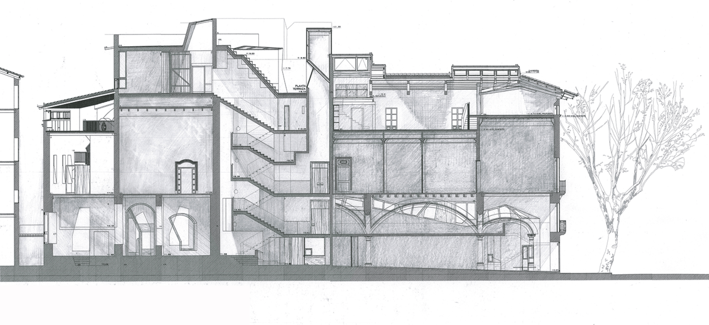 Long section through exhibition gallery and new staircase. Cultural Centre Casal Balaguer by Flores & Prats + Duch-Pizá.