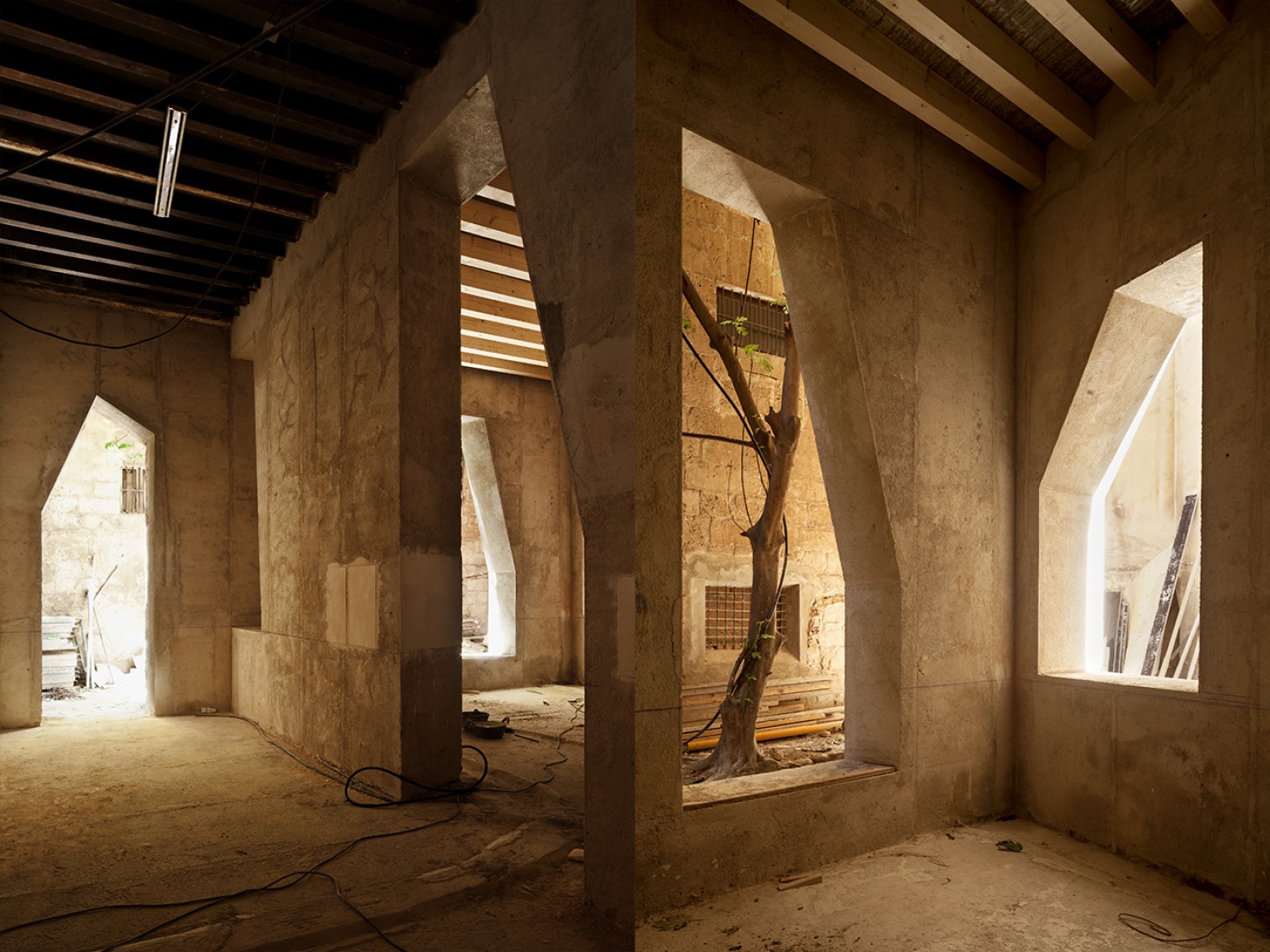 Restaurant-bar (on the left) and bar corner with view to the fig tree (on the right). Cultural Centre Casal Balaguer by Flores & Prats + Duch-Pizá. Photography by Adrià Goula.