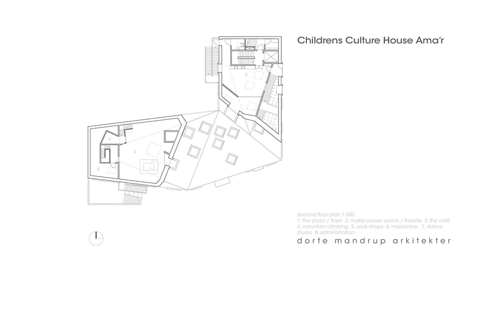 Second floor plan. Children's Culture House loves by Dorte Mandrup Arkitekter. Image © courtesy of Dorte Mandrup Arkitekter.