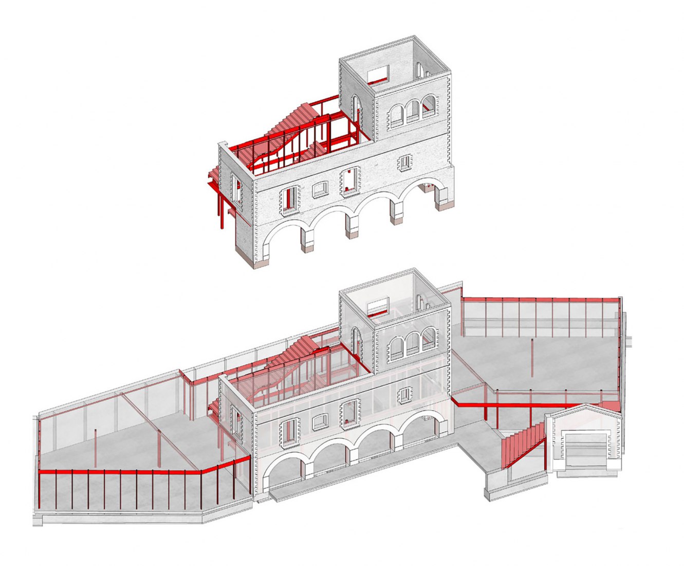 Axonometric view. Gardens of the Font del Rector and Ca l'Altisent Library by Col·lectiu Brusi.