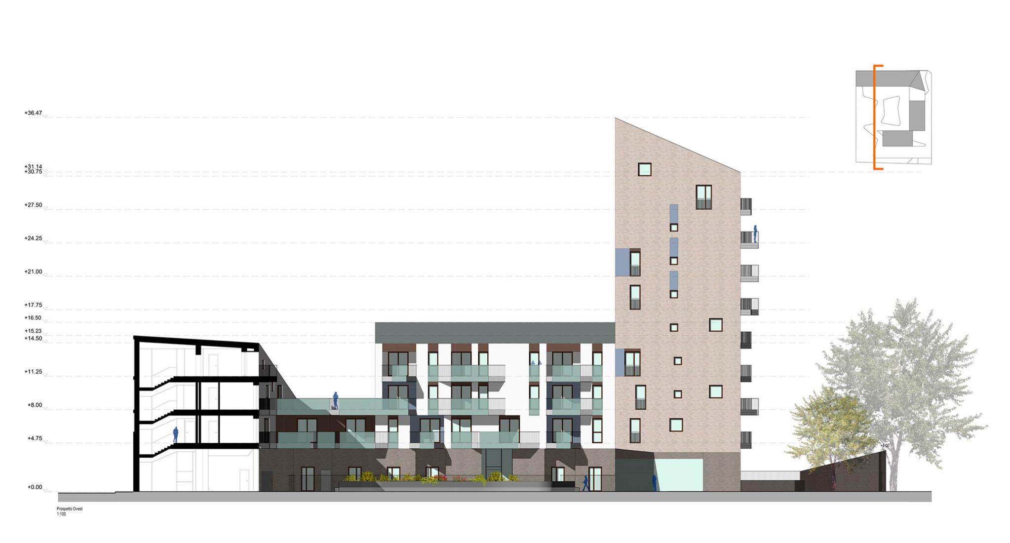 Sección. Complejo residencial Via Valtorta por Cino Zucchi Architetti.