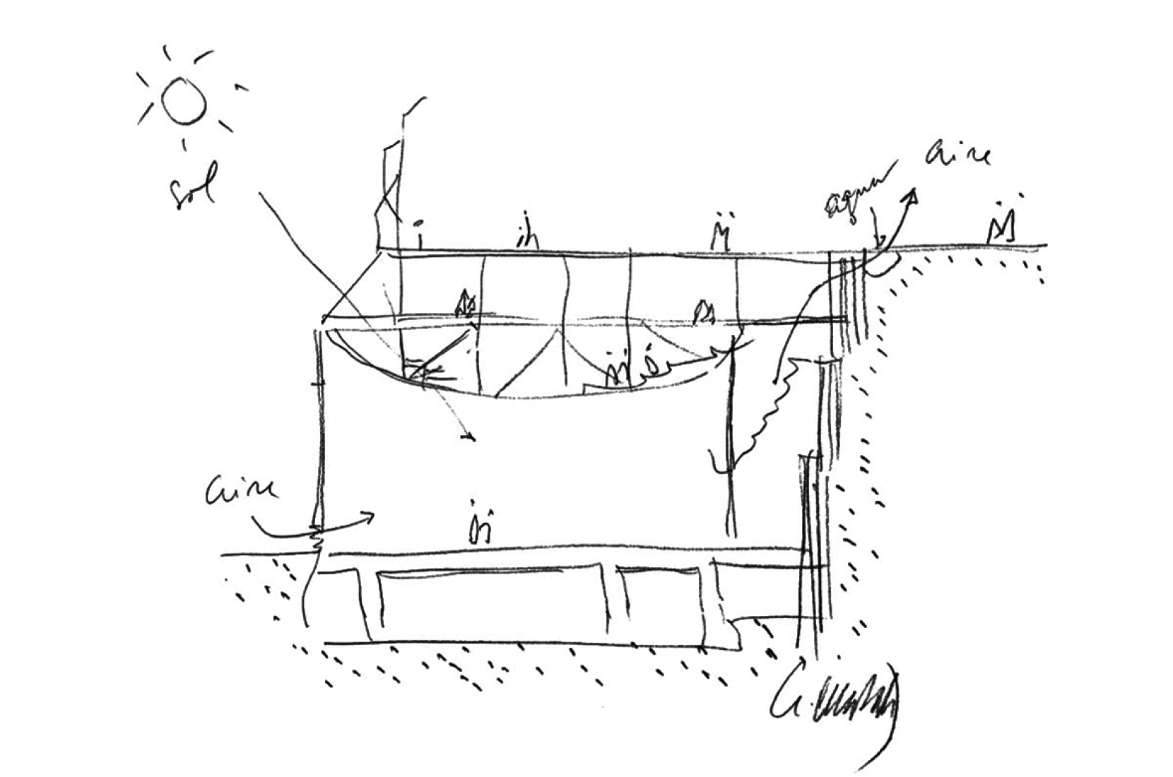Croquis del Gimansio Maravillas diseñado por Alejandro de la Sota.