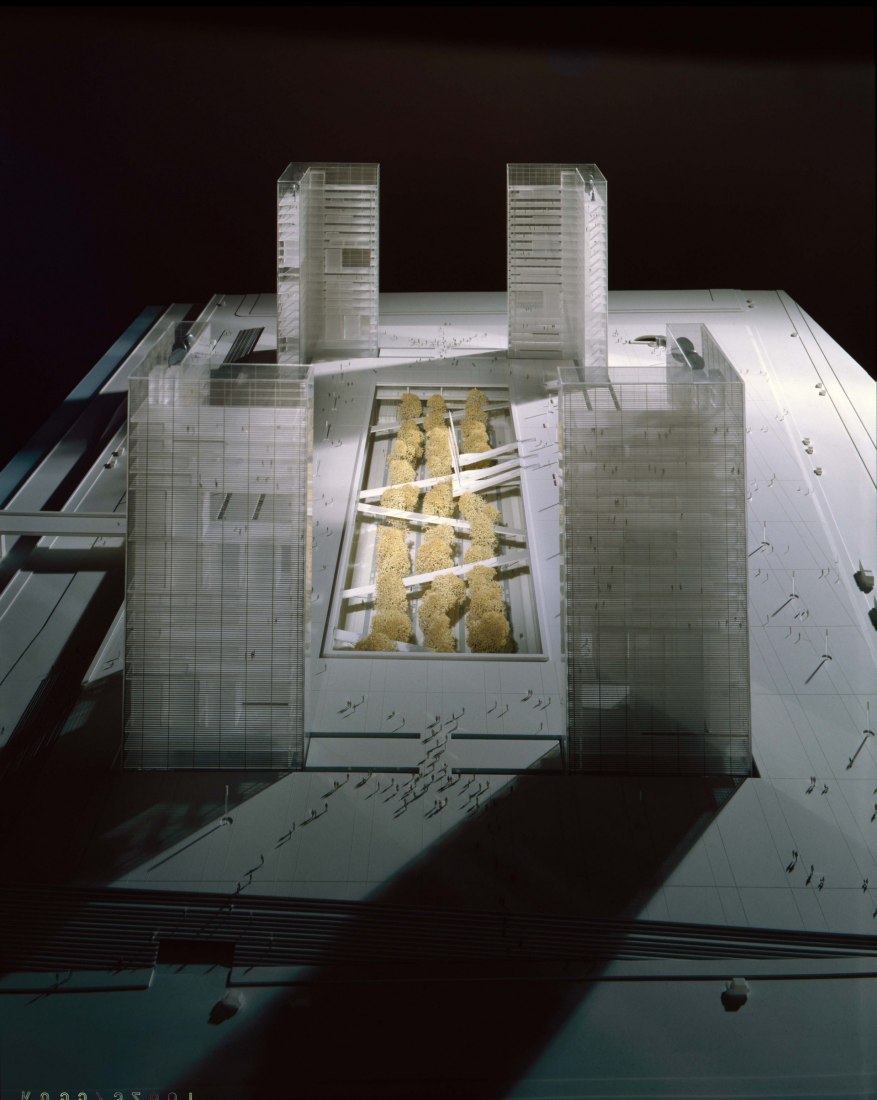 Competition model. La Bibliothèque nationale de France by Dominique Perrault, Portrait d’un projet 1988 – 1998, exhibition at the BnF. Photograph Courtesy of Dominique Perrault Architecte/ADAGP 2018