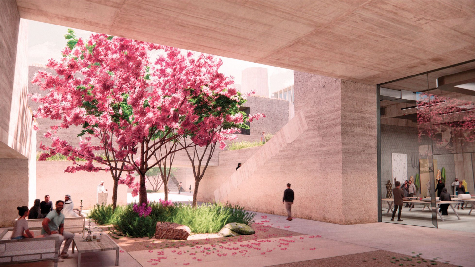 View of a small courtyard in the Creative Village (Doha, Qatar), 2022. Art Mill Museum by Elemental. Image courtesy of Qatar Museums.
