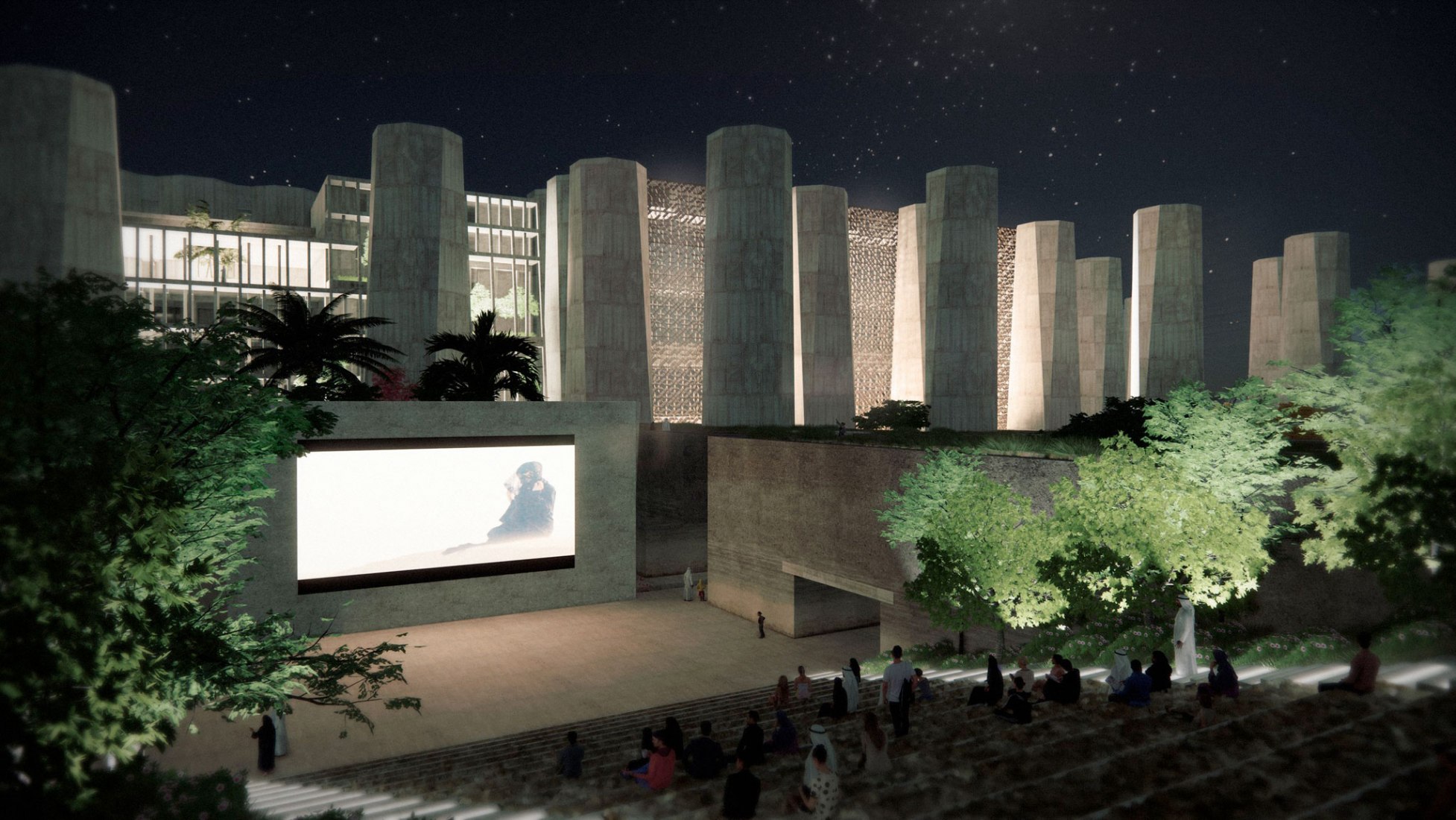A rendering of the open air theatre in the Creative Village  (Doha, Qatar), 2022. Art Mill Museum by Elemental. Image courtesy of Qatar Museums.