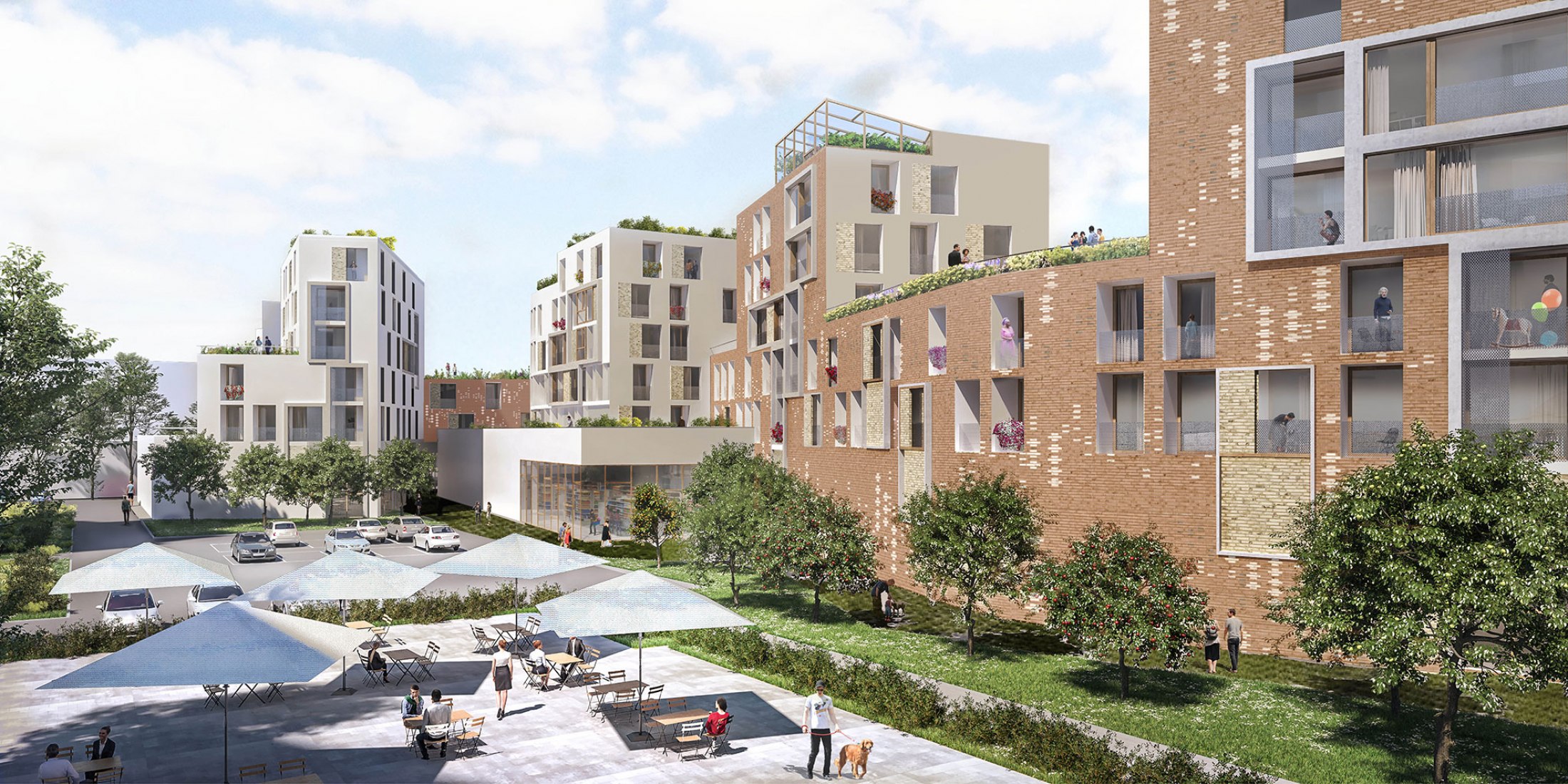 Render of Centr-Halle Housing and Market. Installations Living within a Market – Outside space is also Home by EMBT at the Biennale Architettura di Venezia 2021.