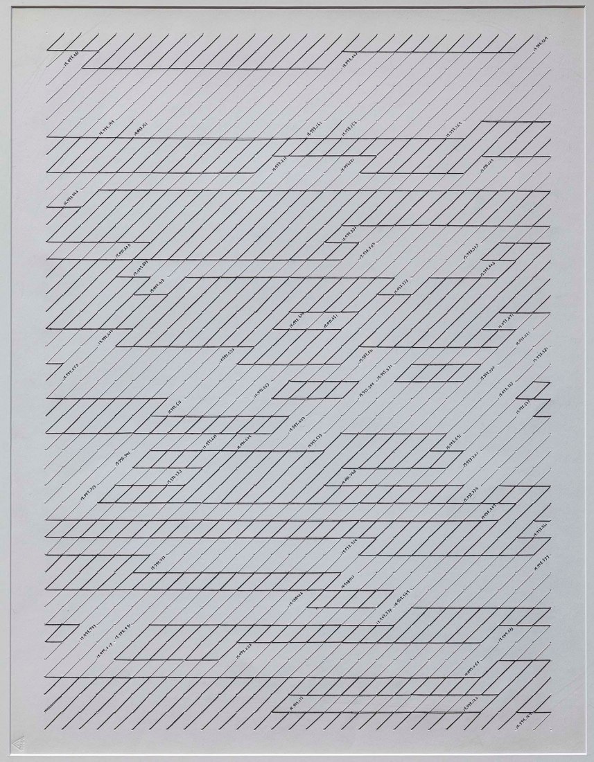 Poema de los números primos (Díptico II) (Poem of prime numbers Diptych II) by Esther Ferrer (1985-1986). Black thread, gray thread and ink on cardboard, 65 x 50 cm. Work on paper, Drawing. Image courtesy of MNCARS.