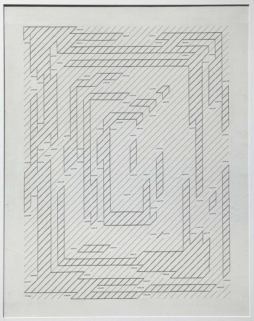 Poema de los números primos (Poem of the prime numbers) by Esther Ferrer (1985-1986). Black thread, gray thread and ink on canvas, 71 x 55 cm. Work on paper, Drawing. Image courtesy of MNCARS.