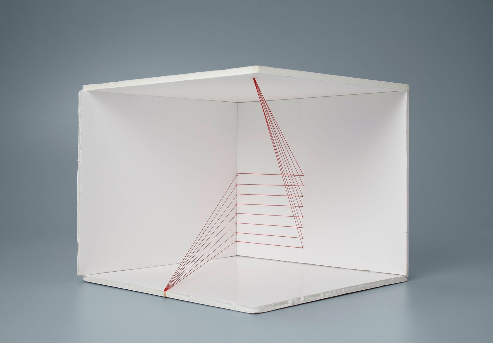 Esther Ferrer Proyectos espaciales (Versión A) (Spatial Projects Series Version A), late 1980s Model. Red thread and nails 17 x 20 x 20.5 cm Esther Ferrer Archive © Esther Ferrer, VEGAP, Bilbao, 2018.