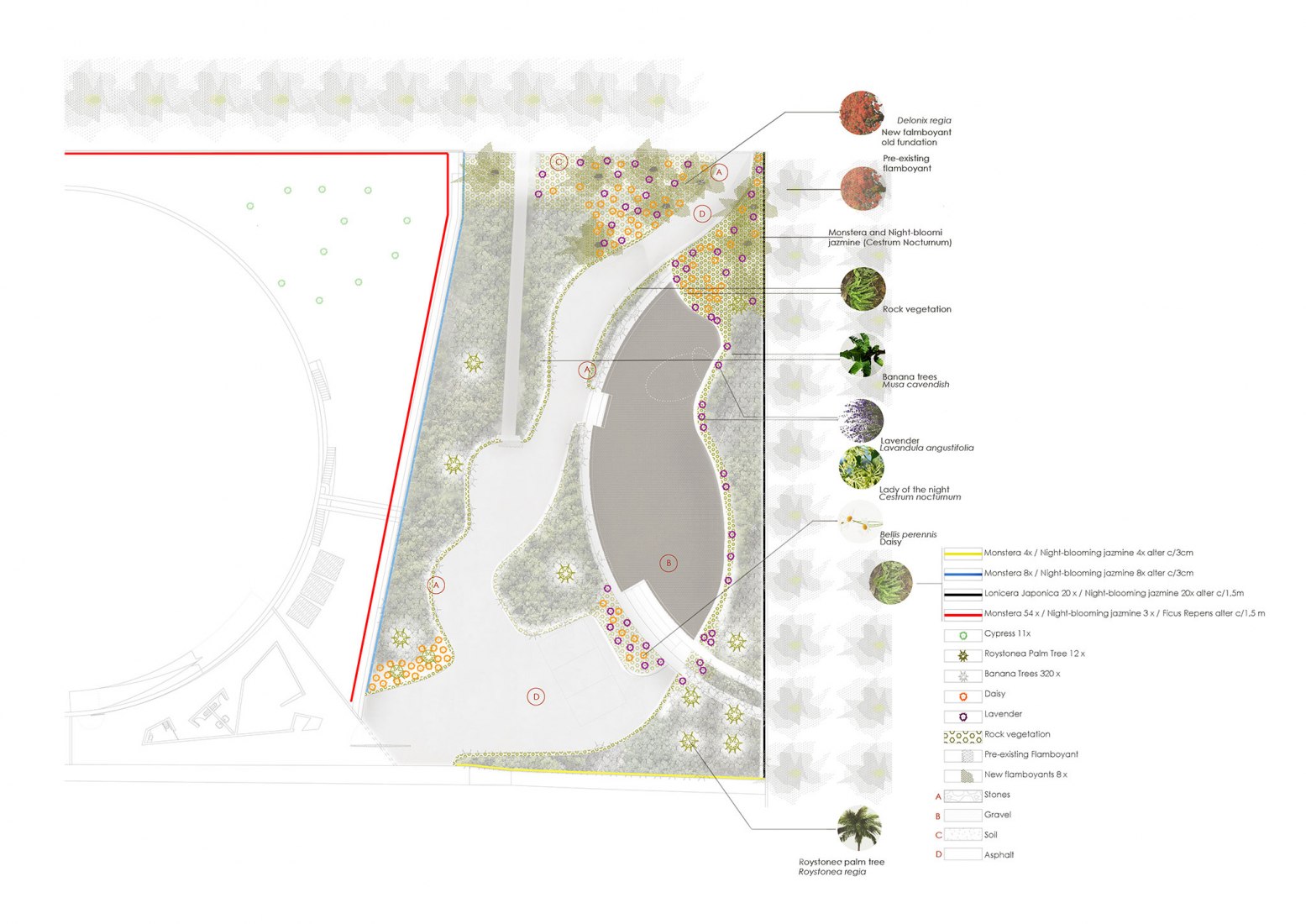 Plano de planta. Jardín del Espacio Cultural El Tanque por Fernando Menis.