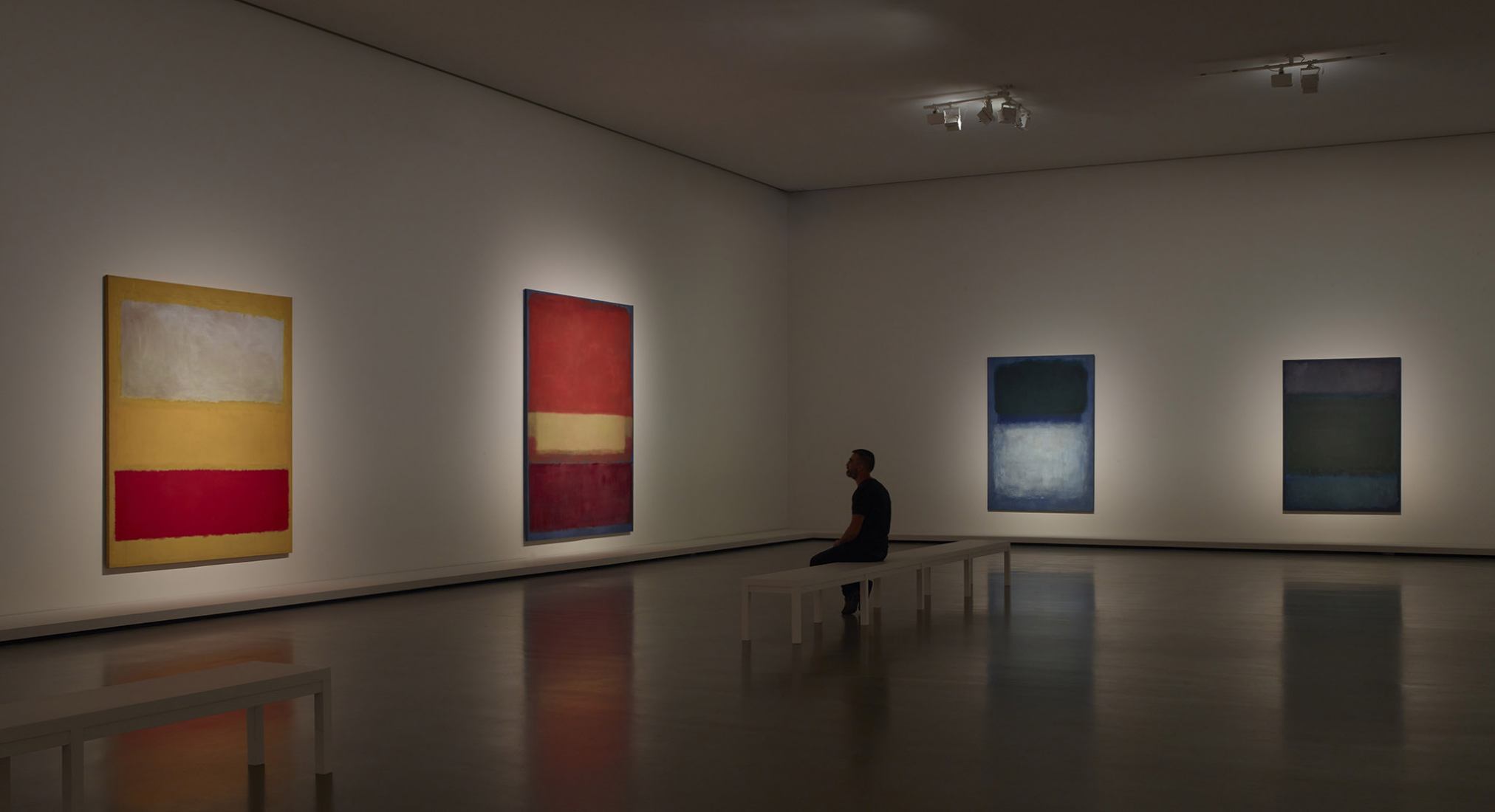 Left to right / Mark Rothko No. 13 (White, Red on Yellow), 1958 No. 9  No. 5  No. 18, 1952 Green on Blue (Earth-Green and White), 1956 Untitled, 1955. The first retrospective in France dedicated to Mark Rothko, at the Louis Vuitton Foundation. Courtesy of Louis Vuitton Foundation.