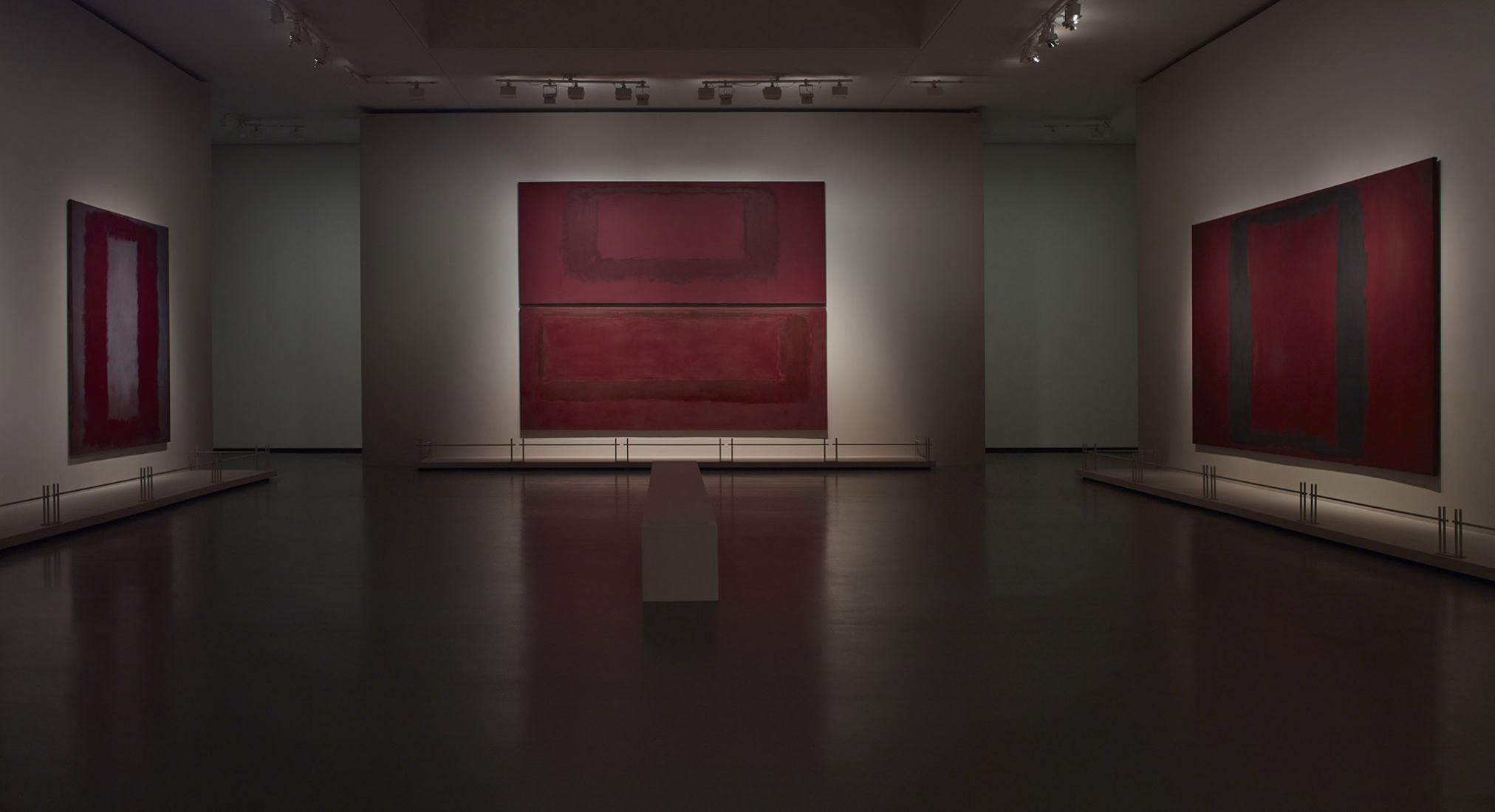 Left to right/ Mark Rothko Red on Maroon, 1959 Red on Maroon, 1959 Red on Maroon, 1959 Black on Maroon, 1959. The first retrospective in France dedicated to Mark Rothko, at the Louis Vuitton Foundation. Courtesy of Louis Vuitton Foundation.