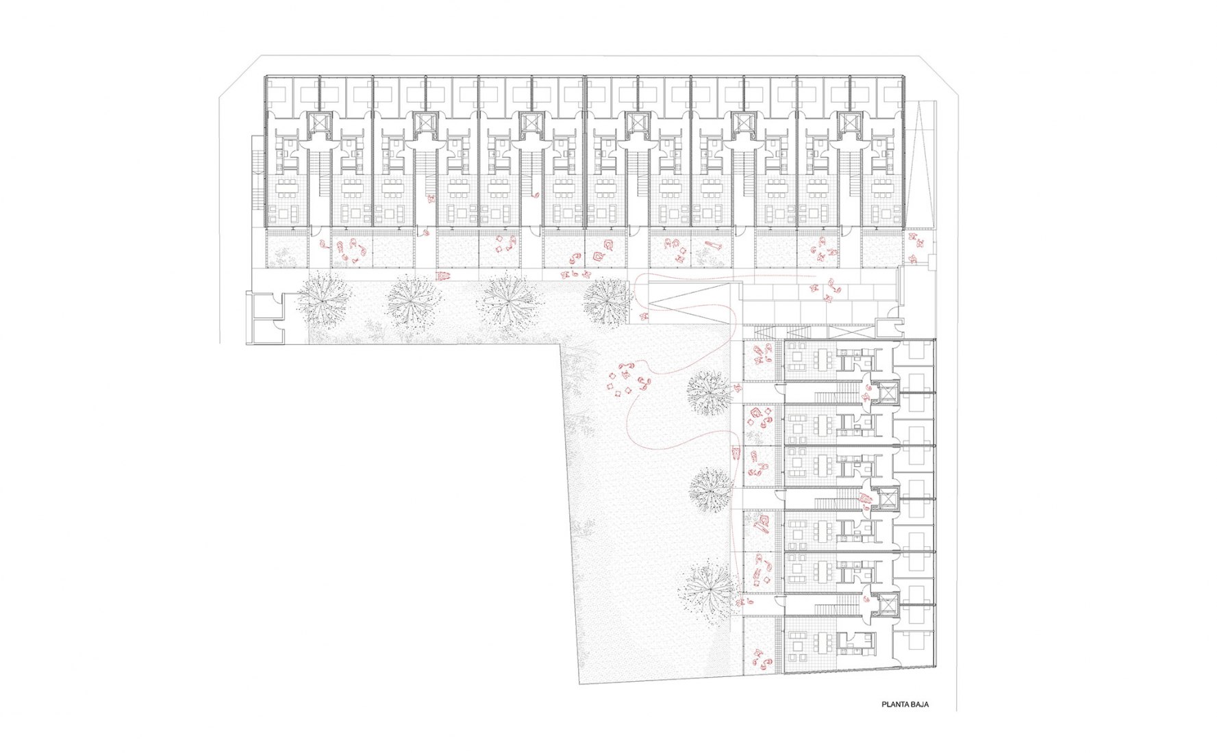 Ground floor plan. 54 Public Protection Housing by Joan Josep Fortuny Giró and Alventosa Morell Arquitectes.