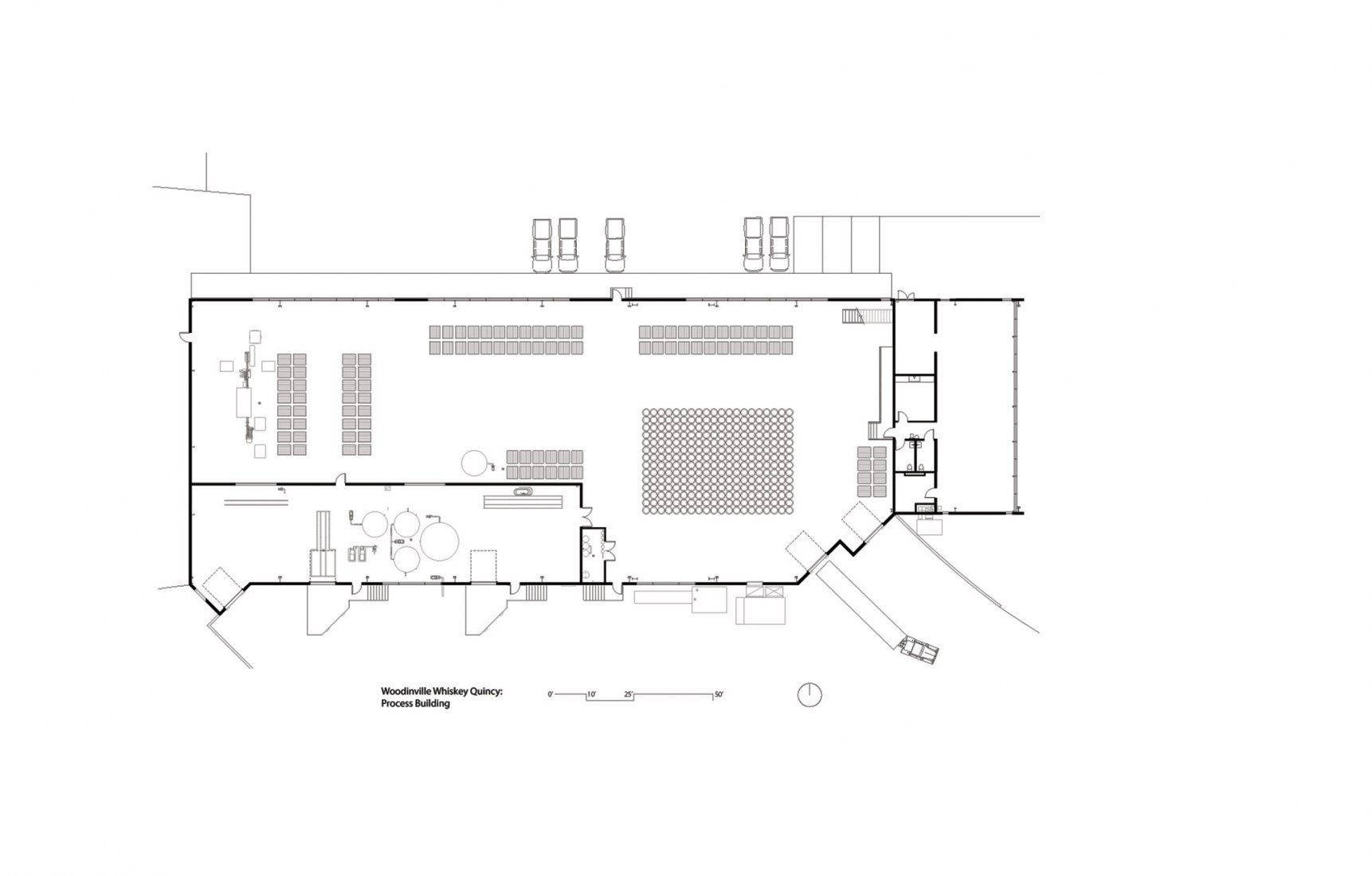 Planta de edificio de proceso. Planta de procesamiento y añejamiento de whisky. Proyectado por Graham Baba Architects. 