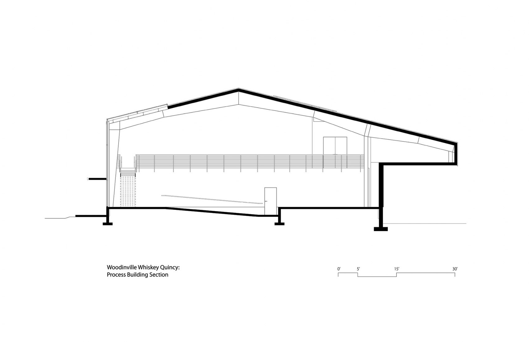Sección. Planta de procesamiento y añejamiento de whisky. Proyectado por Graham Baba Architects.