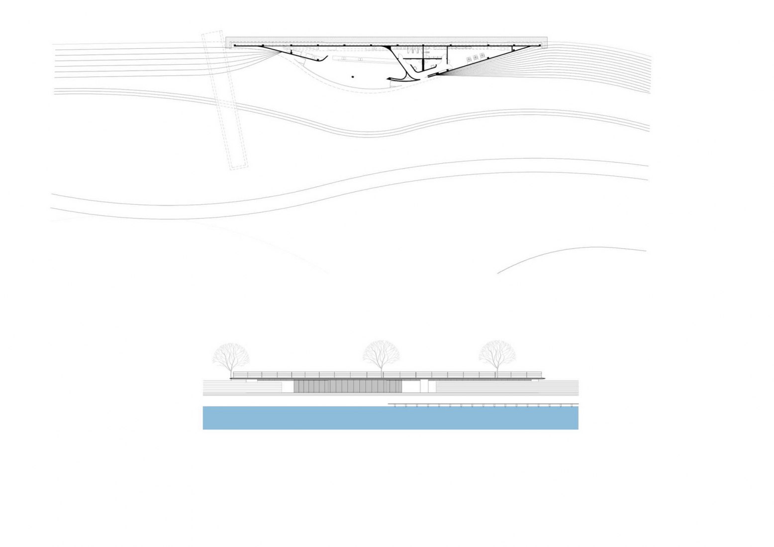 Floor plan and elevation. Guaíba Orla Urban Park by Jaime Lerner Arquitetos Associados.