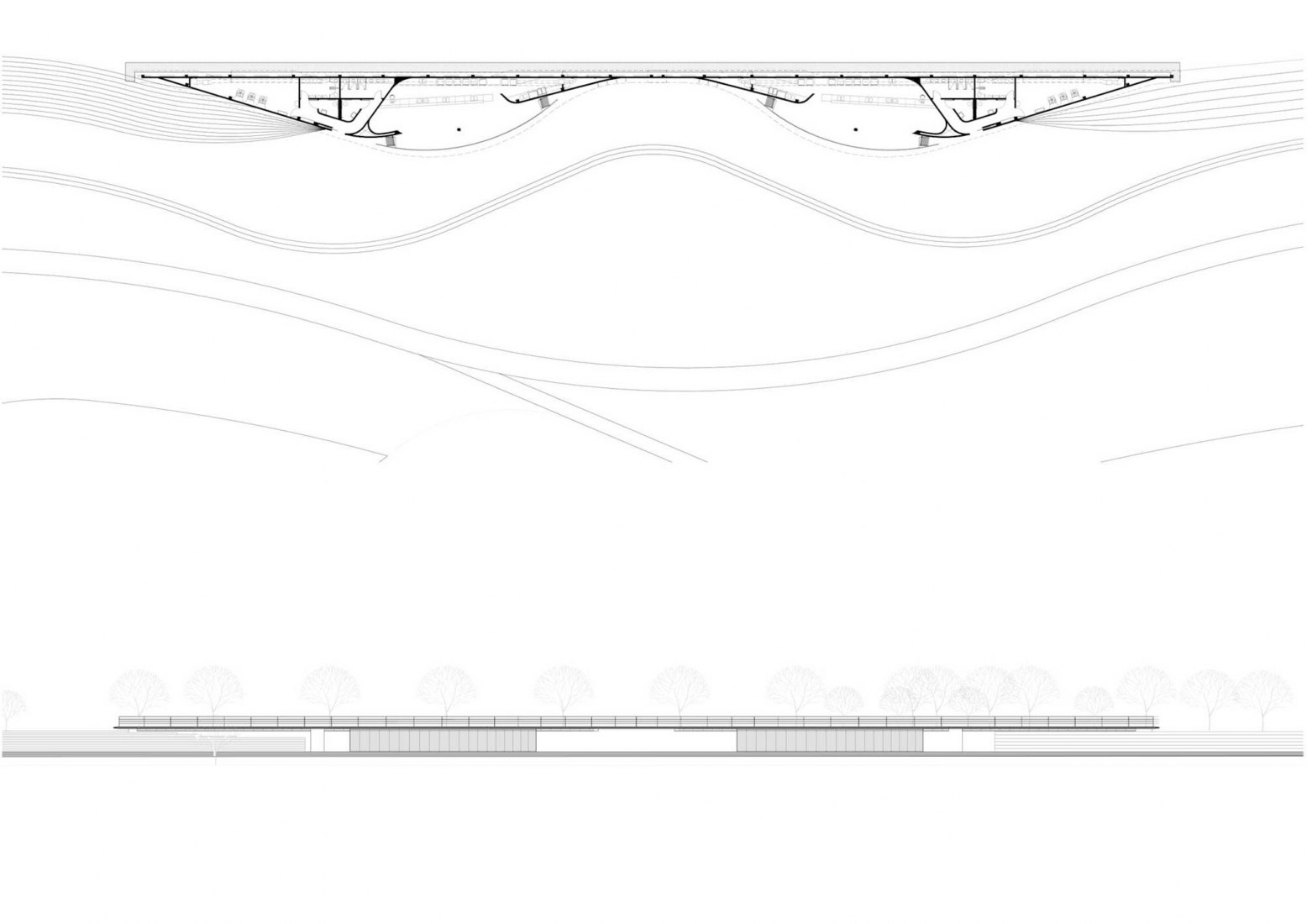 Floor plan and elevation. Guaíba Orla Urban Park by Jaime Lerner Arquitetos Associados.