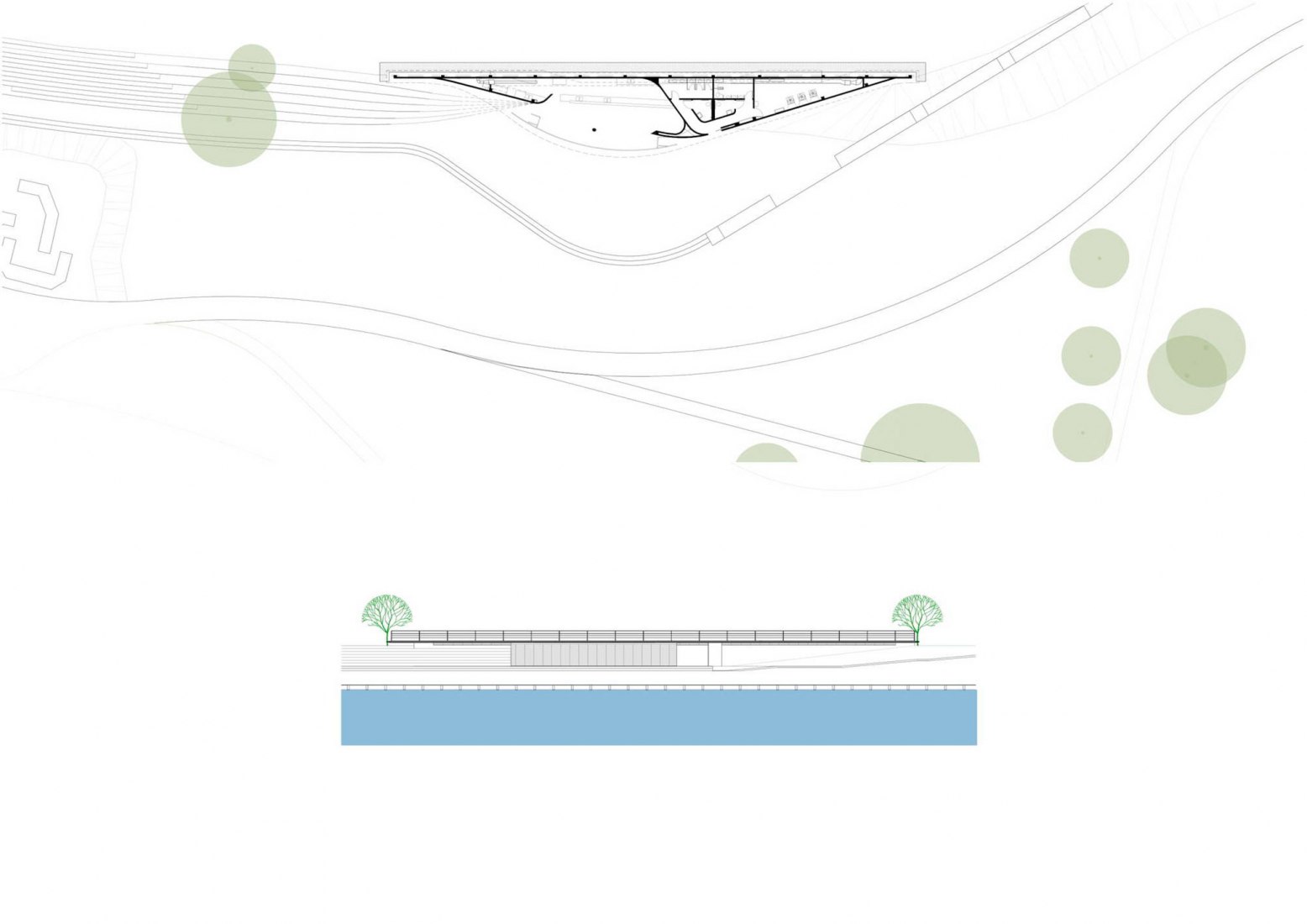 Floor plan and elevation. Guaíba Orla Urban Park by Jaime Lerner Arquitetos Associados.