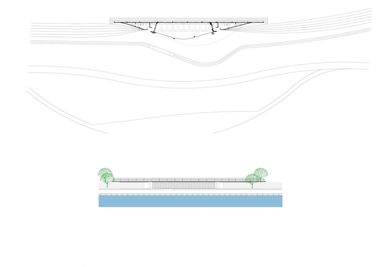 Floor plan and elevation. Guaíba Orla Urban Park by Jaime Lerner Arquitetos Associados.