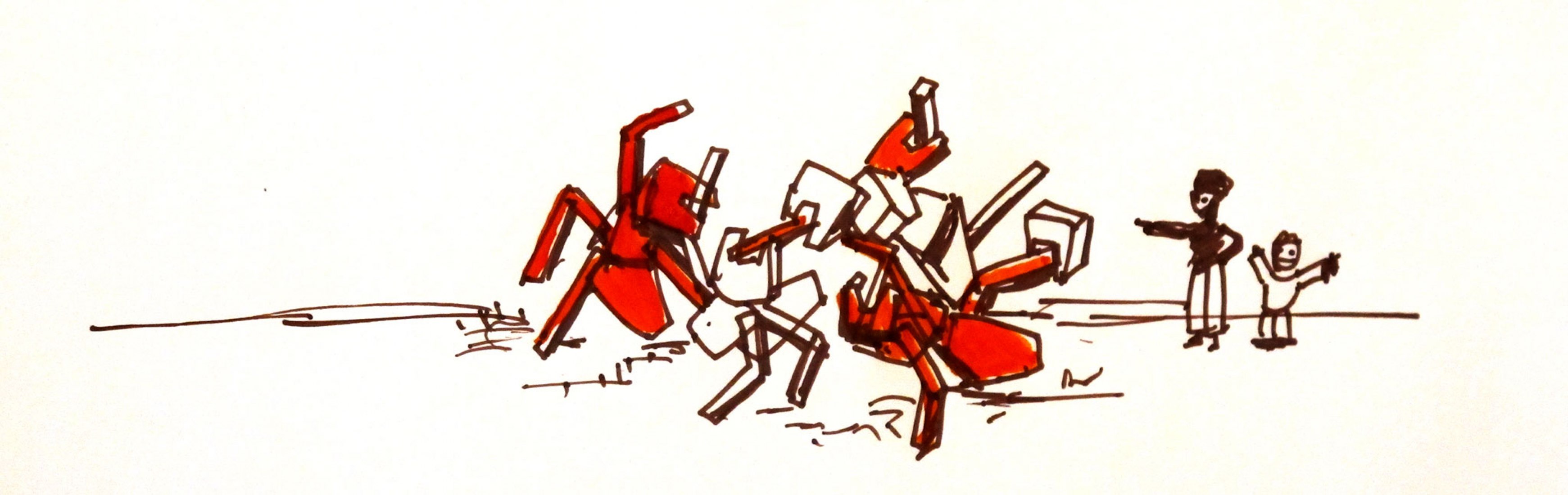 Lucha de hormigas, croquis. Conjunto de juegos infantiles Pecka por Matěj Hájek y Tereza Kučerová.