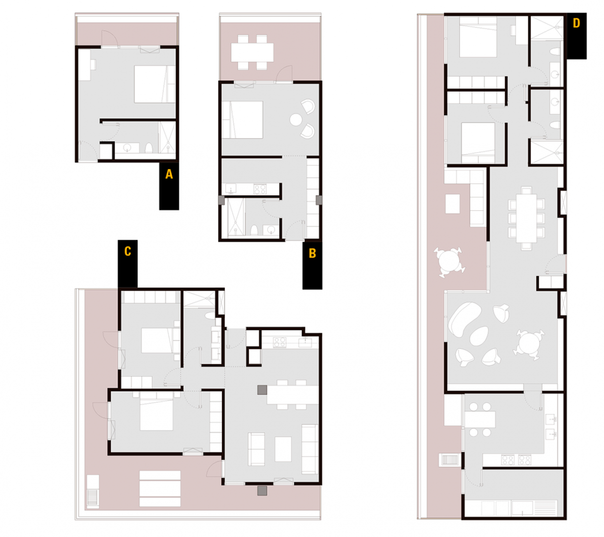 Plans of the different apartments. Apartment A: 27.3 m² internal + 7.7 m² terrace, 35 m². Apartment B: 37.8 m² internal + 16 m² terrace, 53.8 m². Apartment C: 76.0 m² internal + 45.5 m² terrace, 121.5 m². Apartment D: 125.0 m² internal + 48.8 m² terrace, 173.8 m². Hallmark House by David Adjaye. Image © Adjaye Associates.