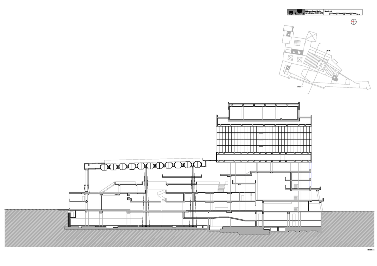 Section. Berlin State Library by Hans Scharoun and Edgar Wisniewski, 1967-1978, Berlin, Germany. Image © Redrawn by Jordi Pont, Clàudia Redondo, Joan Ros, 2008.