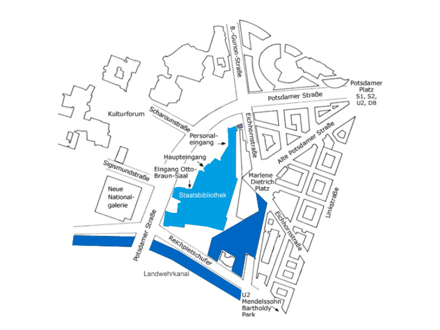 Site plan. Berlin State Library by Hans Scharoun and Edgar Wisniewski, 1967-1978, Berlin, Germany. Image © Wikimedia Commons.