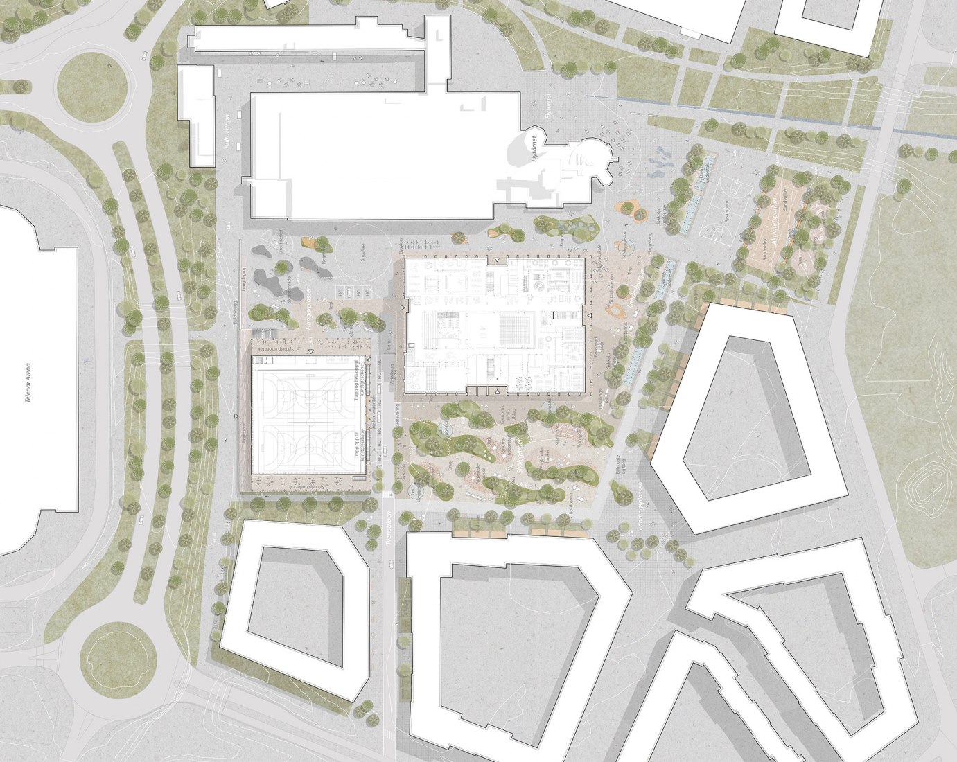 Plano de situación. Escuela y centro cultural Tårnkvartalet por Haptic y PIR2.