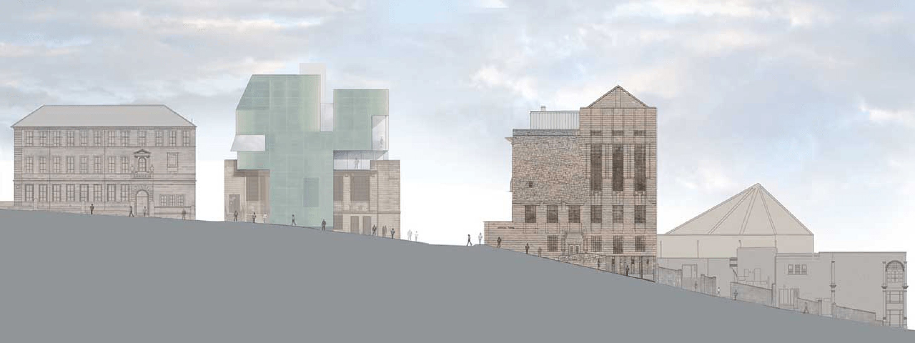 Alzado. Ampliación de la Glasgow School of Art (Ampliación vista desde el Este) por Steven Holl Architects.