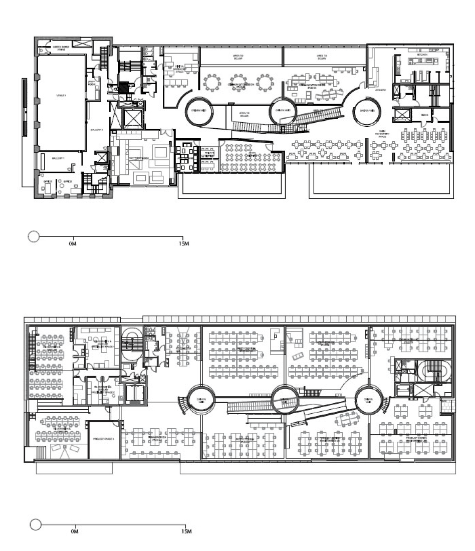 Primera y segunda planta. Ampliación de la Glasgow School of Art por Steven Holl Architects.