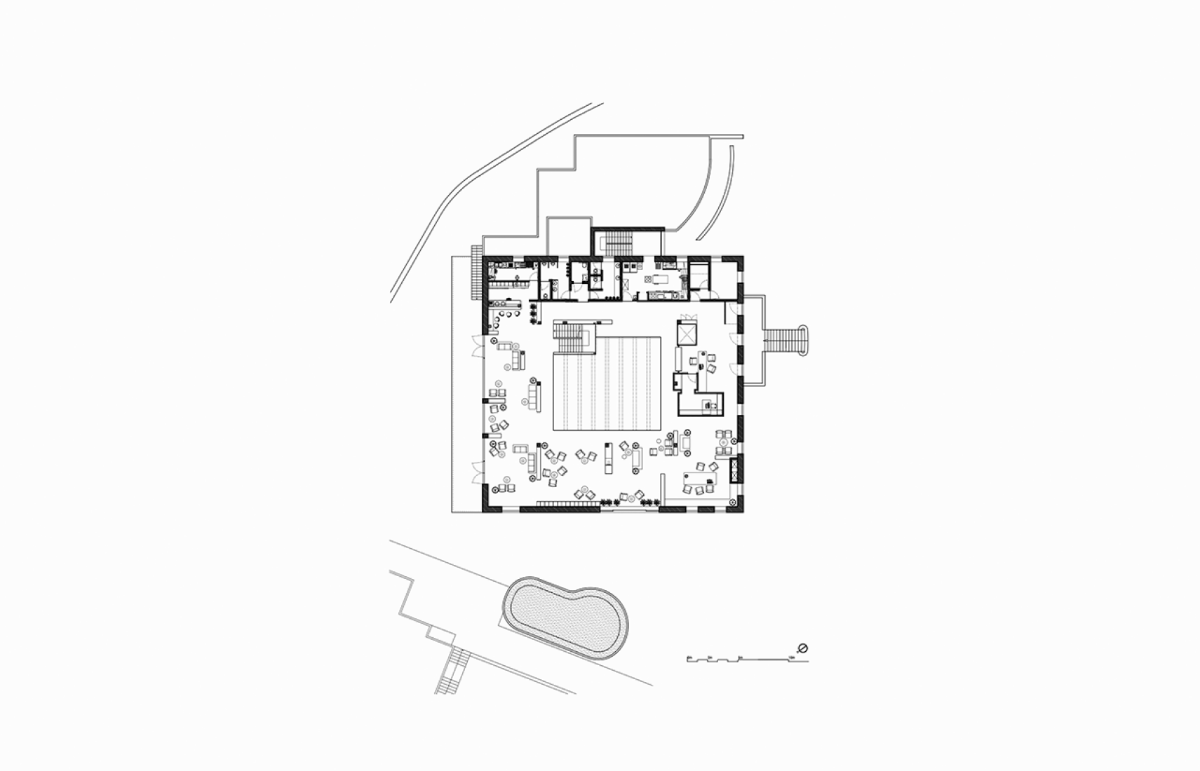 First floor plan of the principal building. Monverde Hotel by FCC Arquitectura and Paulo Lobo.