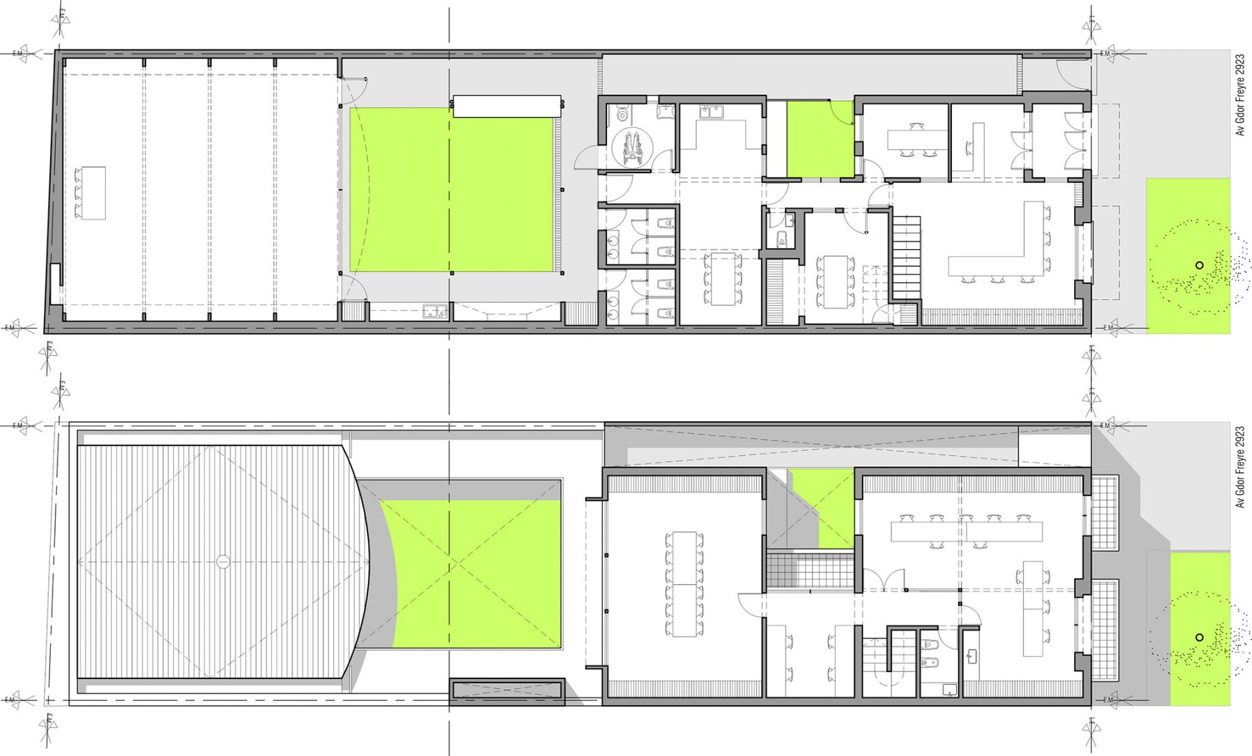 Ground and first floor plan. Multipurpose Hall. Santa Fe Surveyors Professional Association by Irigoyen Navarro Arquitectos.