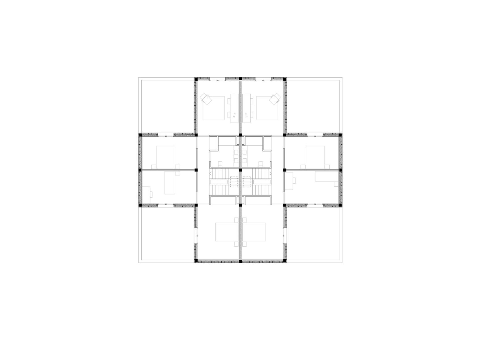 Plano de planta primera. Casas Jano por Jaime Prous Architects + Pineda Monedero.