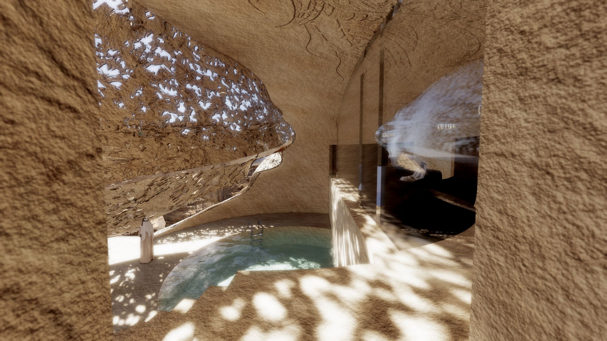 Visualización. Hotel-resort cueva en el desierto de AlUla por Jean Nouvel. Imagen cortesía de Atelier Jean Nouvel / Comisión Real para AlUla