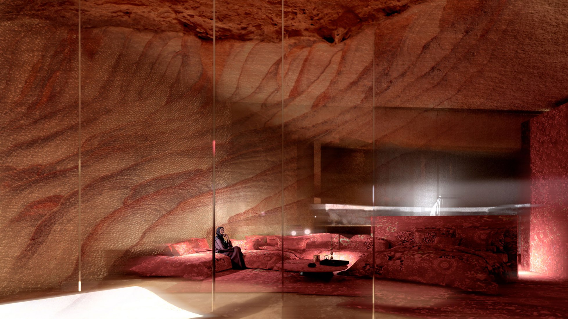 Visualización. Hotel-resort cueva en el desierto de AlUla por Jean Nouvel. Imagen cortesía de Atelier Jean Nouvel / Comisión Real para AlUla