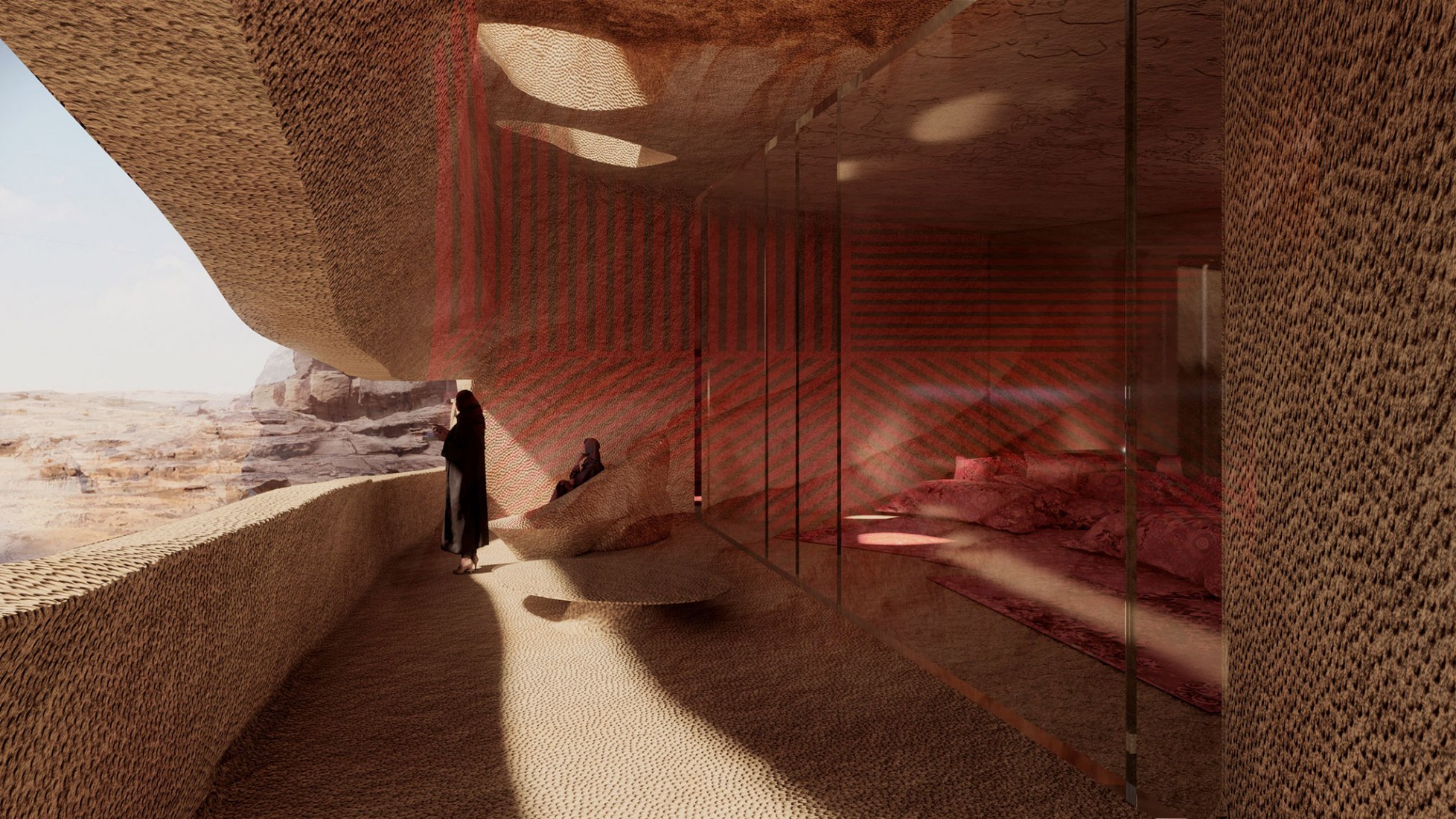 Visualización. Hotel-resort cueva en el desierto de AlUla por Jean Nouvel. Imagen cortesía de Atelier Jean Nouvel / Comisión Real para AlUla