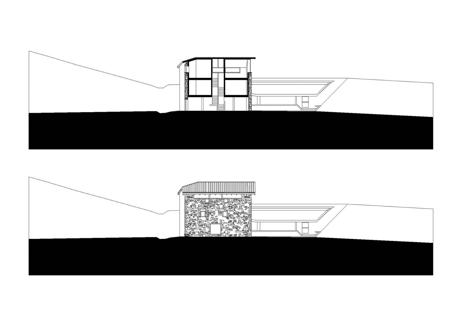 Elevation and section, former building. Landaburu Borda Rural House by Jordi Hidalgo Tané.