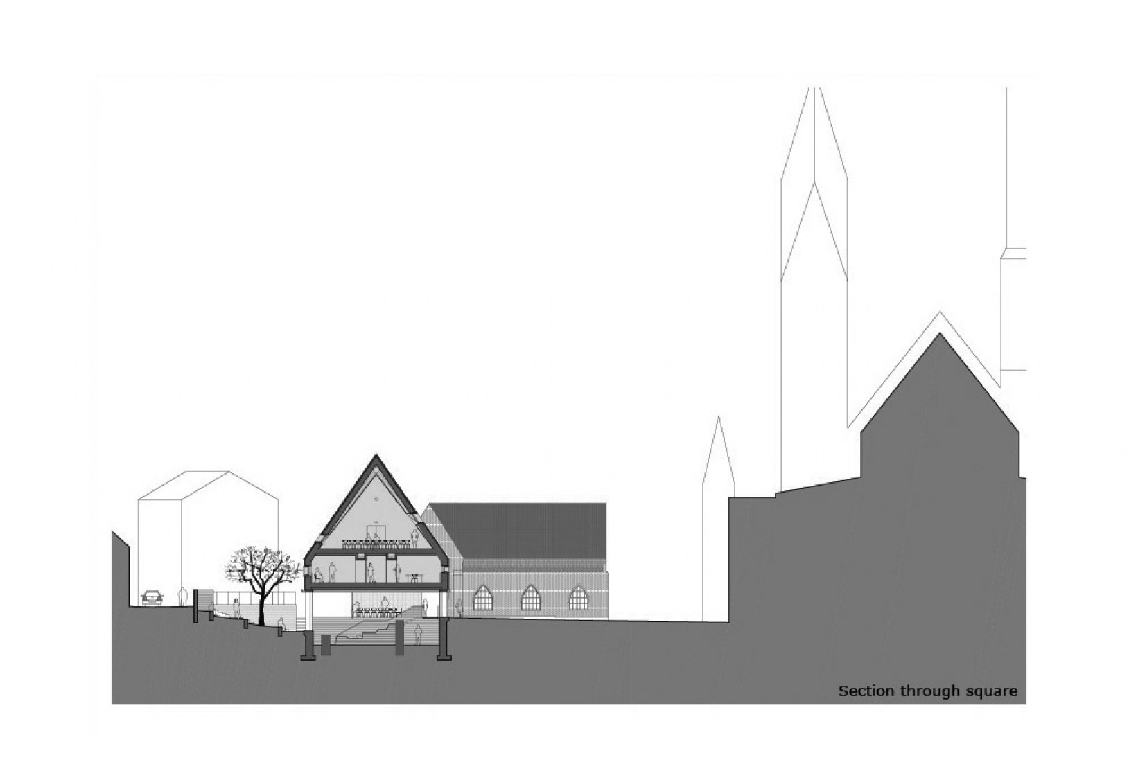 Sección por la plaza. Kannikegården por Lundgaard & Tranberg Arkitekter. Imagen cortesía de Lundgaard & Tranberg Arkitekter.