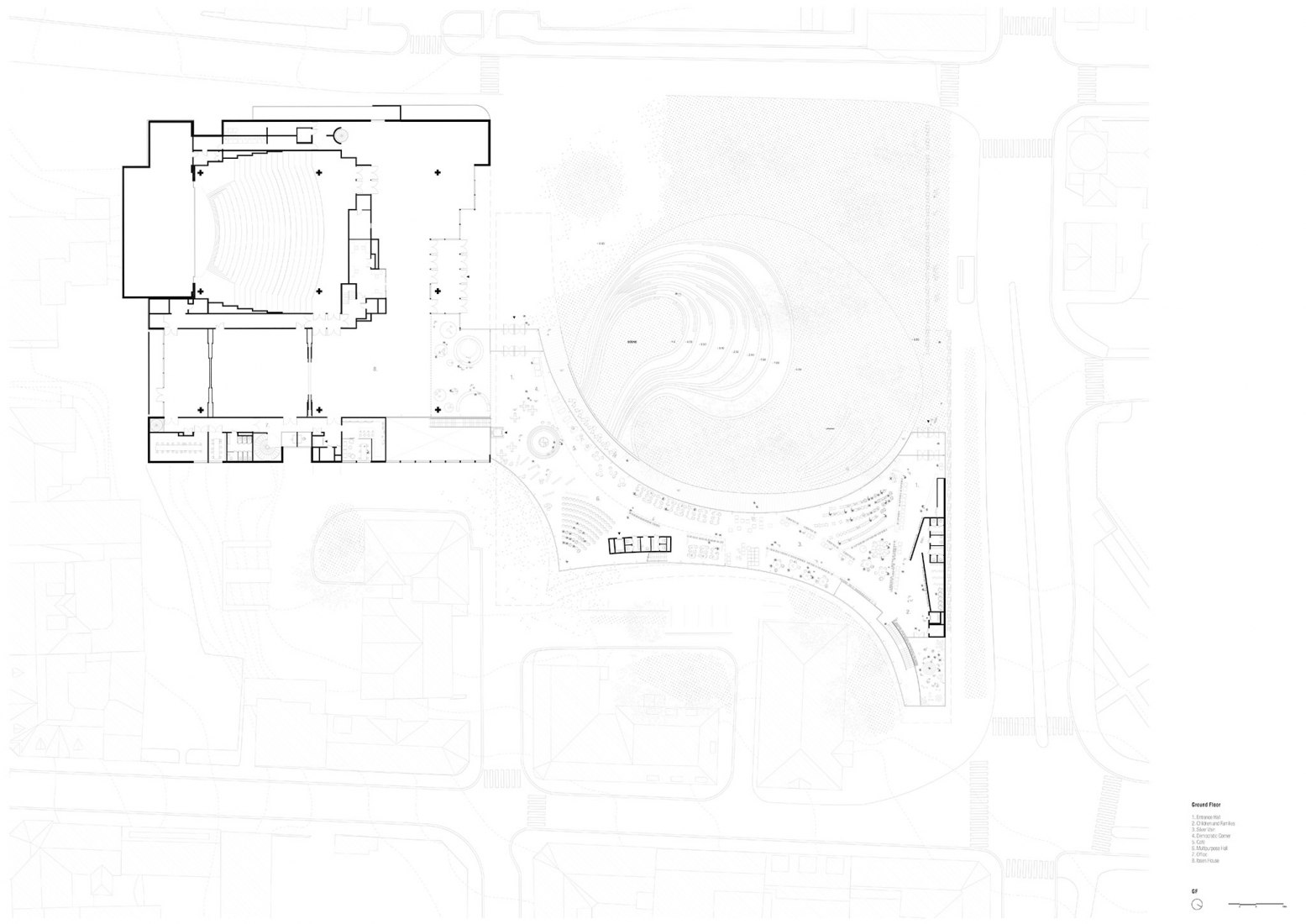 Planta baja. Nueva biblioteca Ibsen de Kengo Kuma & Associates y Mad Arkitekter.