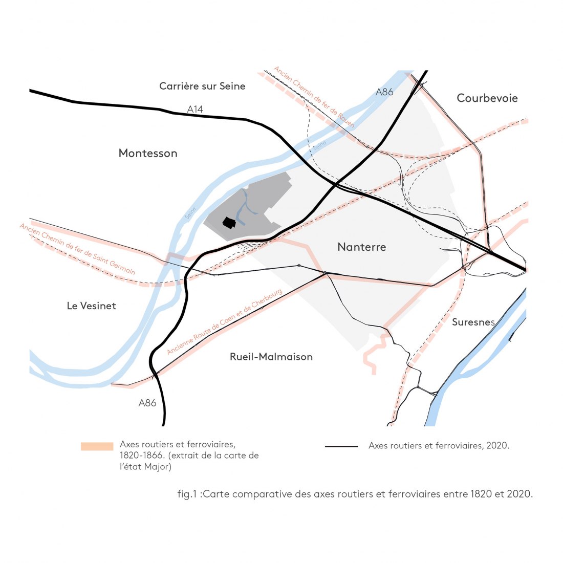 Plano comparativo de carreteras. Centro de clasificación Syctom por Le Dévéhat Vuarnesson Architectes.
