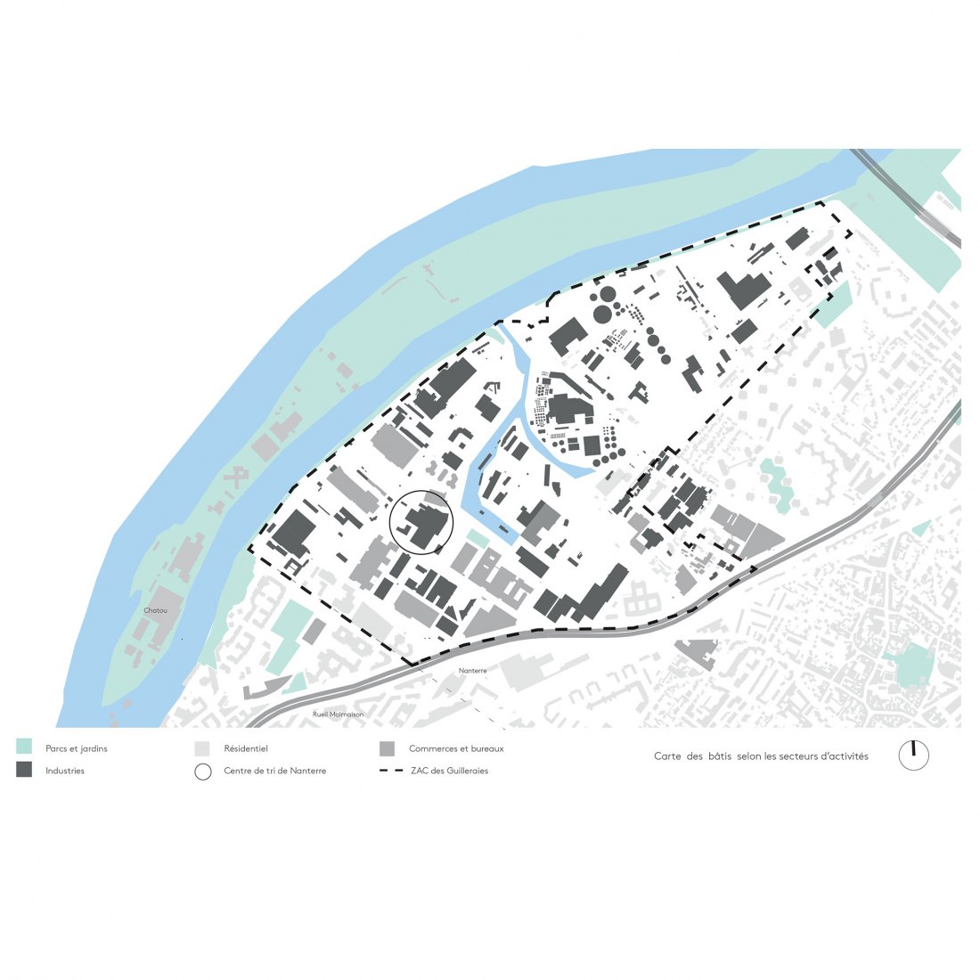 Plano urbano con actividades por sectores. Centro de clasificación Syctom por Le Dévéhat Vuarnesson Architectes.