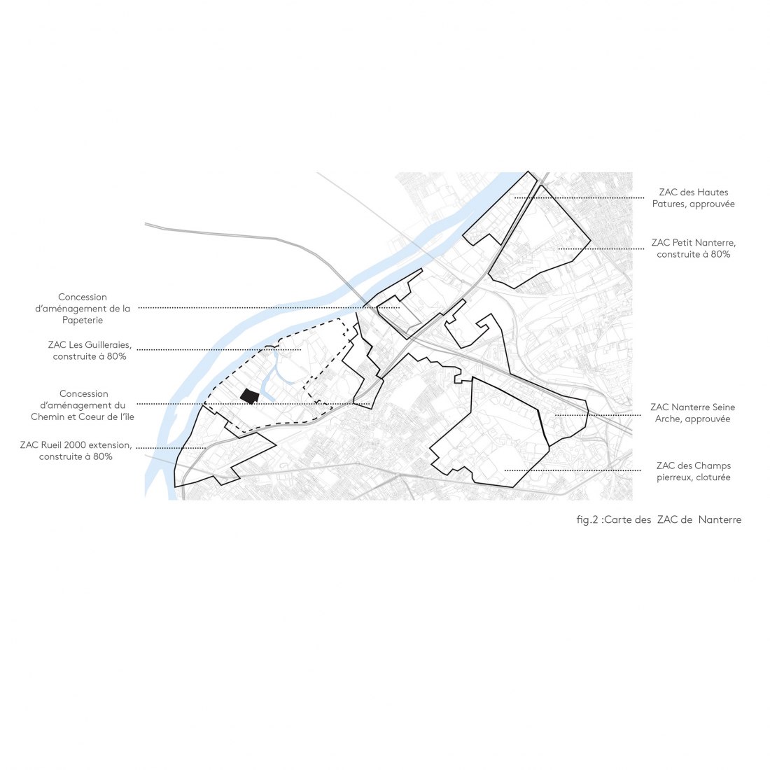 Plano con zonas de desarrollo urbano. Centro de clasificación Syctom por Le Dévéhat Vuarnesson Architectes.