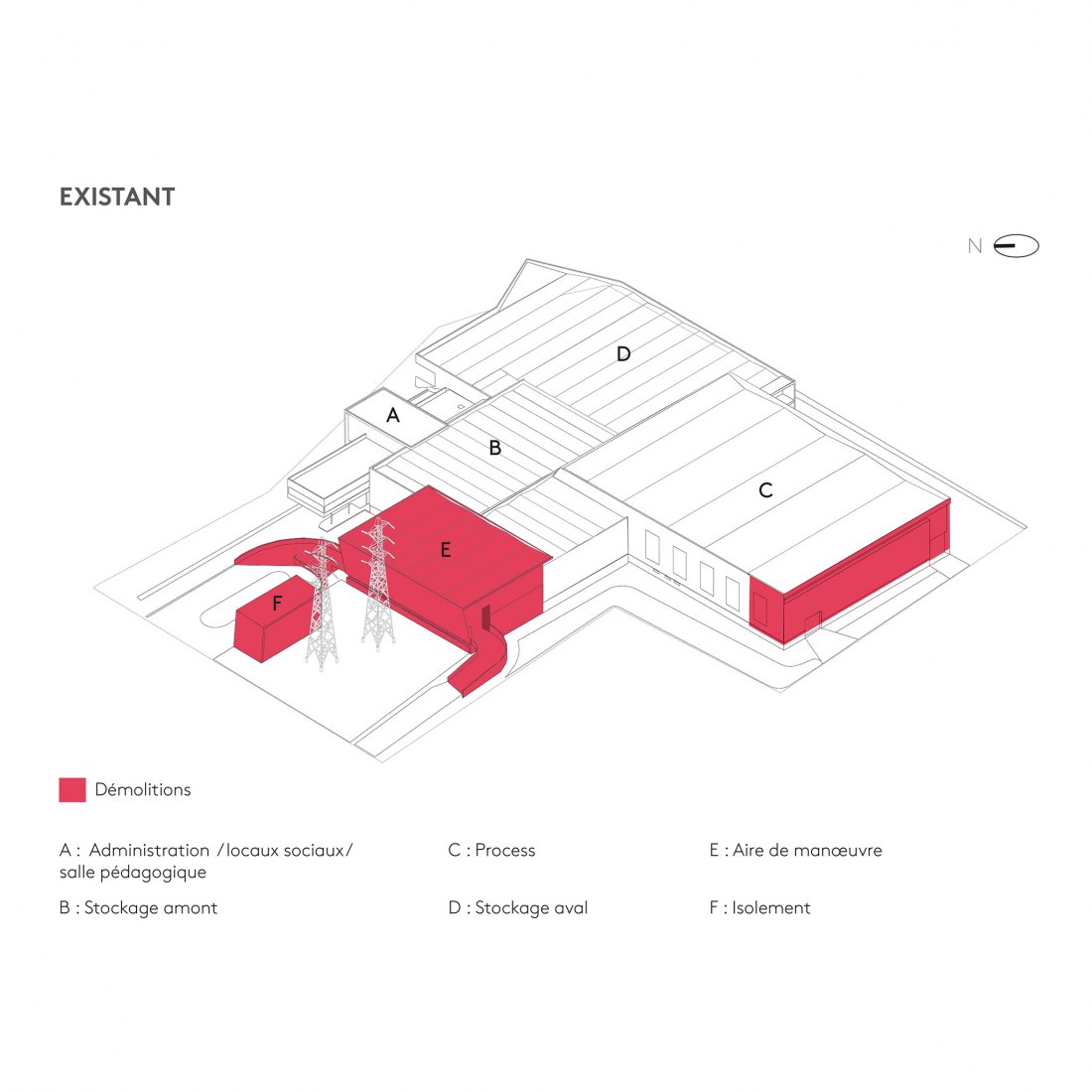 Axonometría existente con demoliciones. Centro de clasificación Syctom por Le Dévéhat Vuarnesson Architectes.
