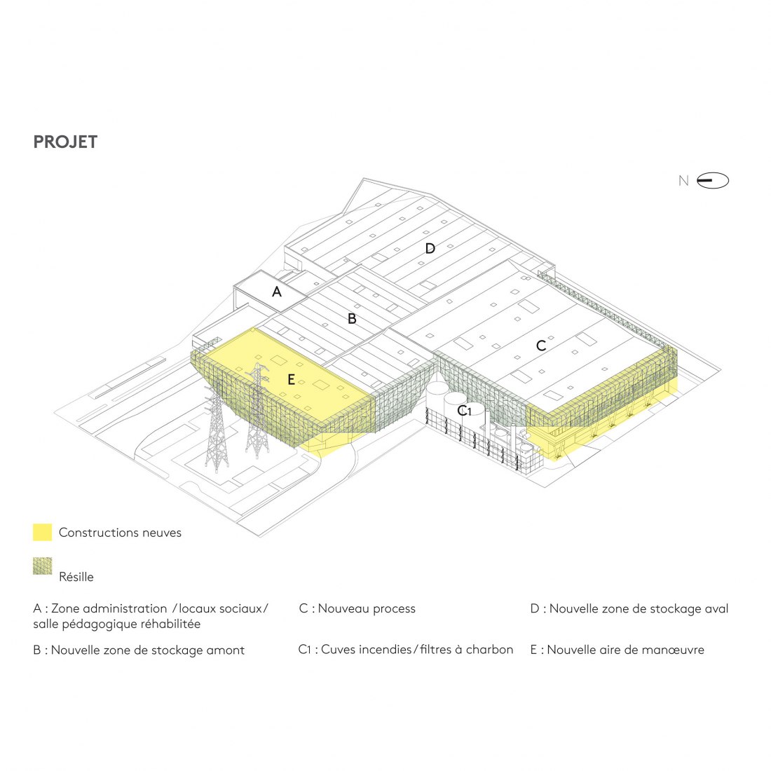 Axonometría del proyecto. Centro de clasificación Syctom por Le Dévéhat Vuarnesson Architectes.