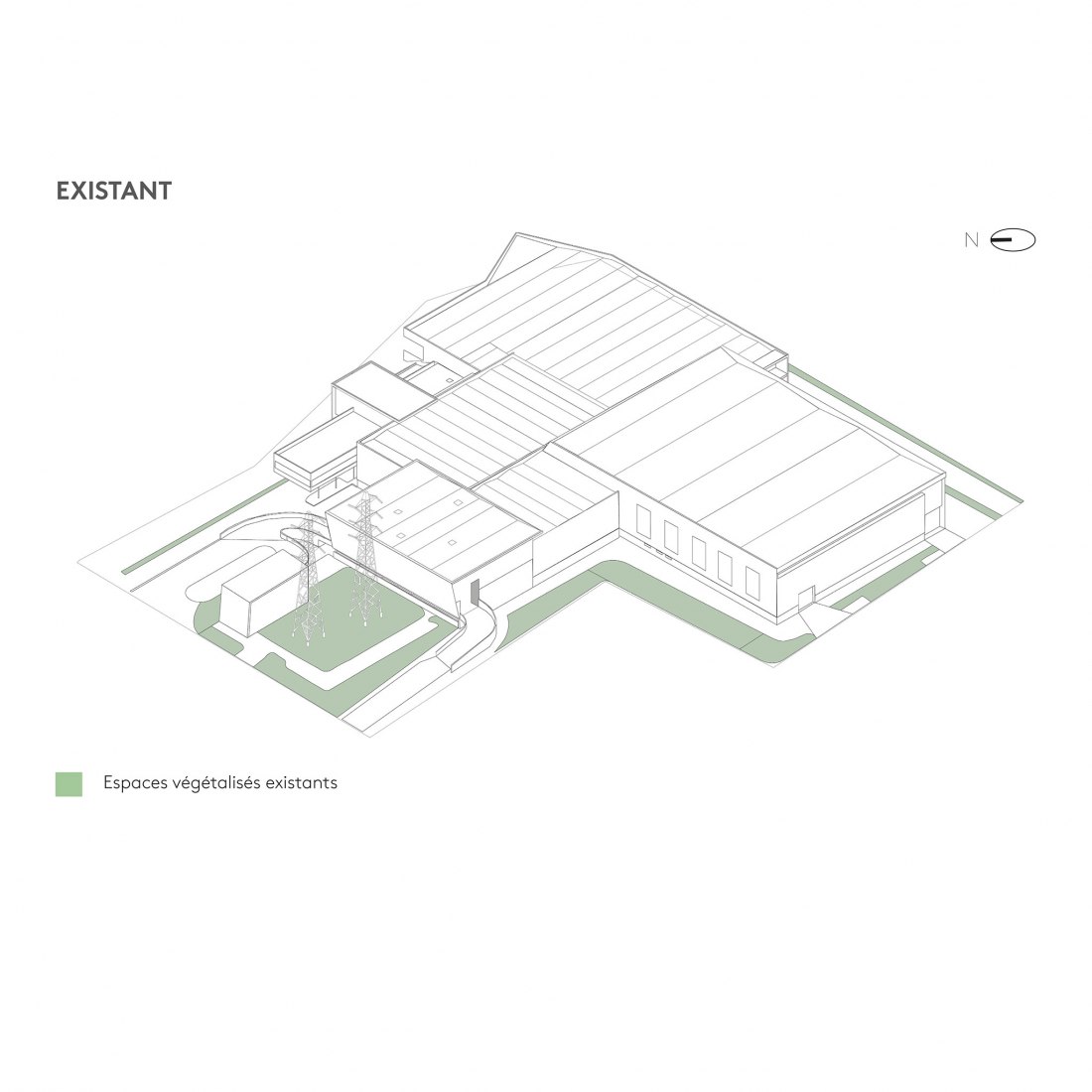 Axonometría de la vegetación existente. Centro de clasificación Syctom por Le Dévéhat Vuarnesson Architectes.